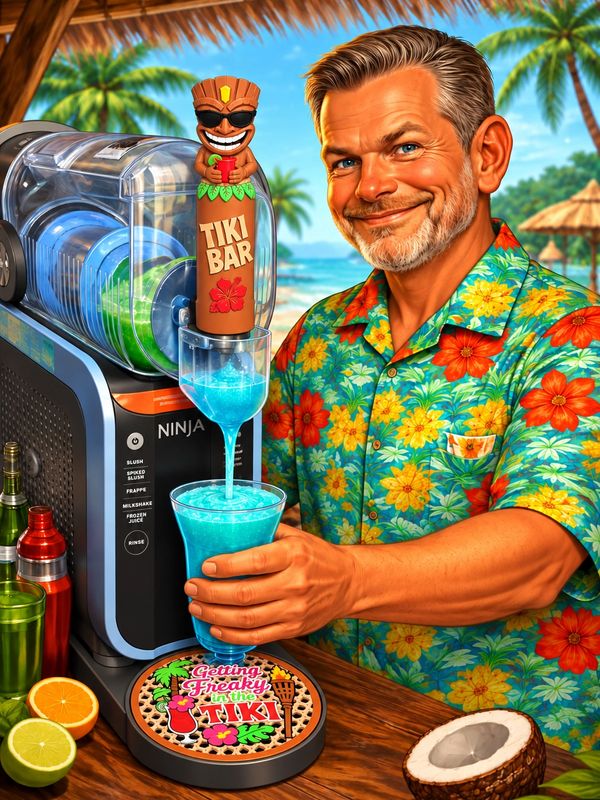 Man in floral shirt serving a blue drink at a Tiki bar.