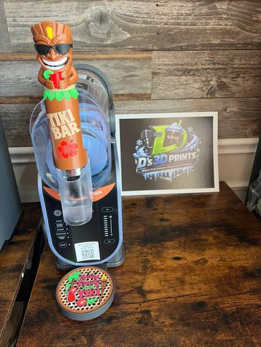 Bathroom dispenser with tiki bar design and colorful cap.