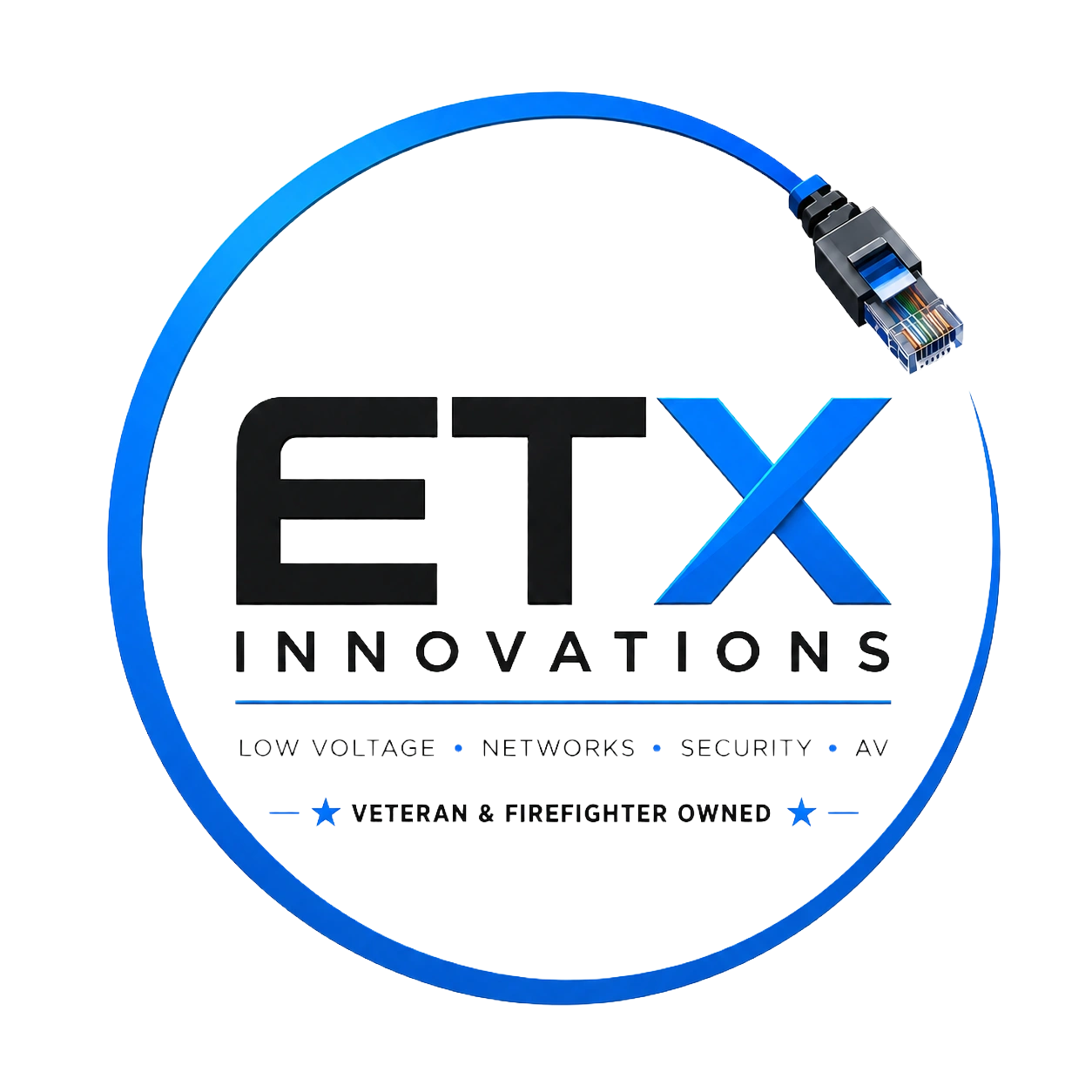 ETX Innovations logo with an Ethernet cable design.