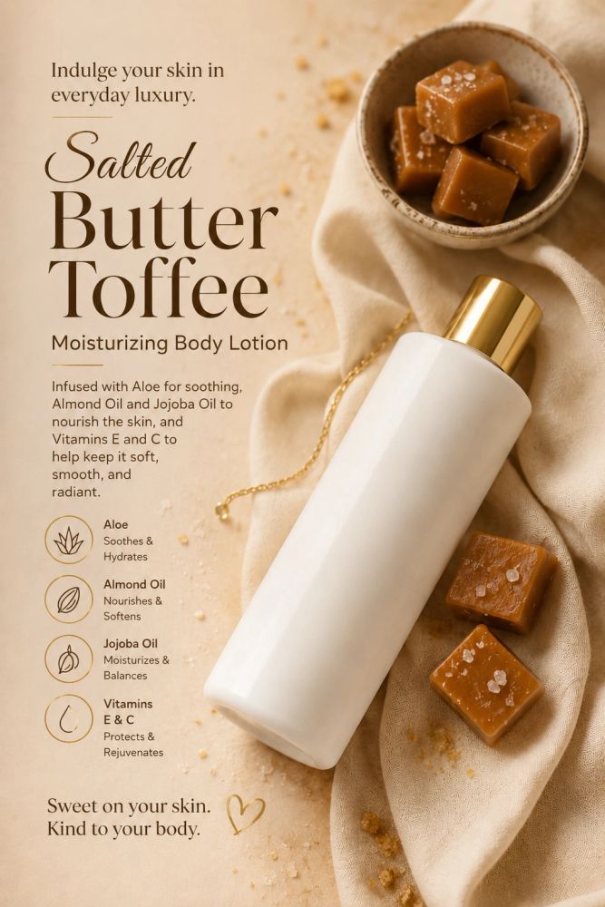 Dessert-inspired, Salted Butter Toffee moisturizing body lotion.