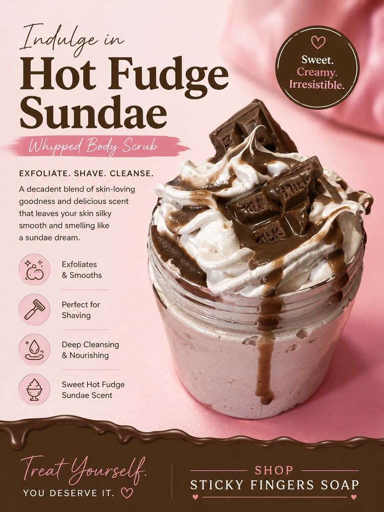 Hot Fudge Sundae Whipped Body Scrub with exfoliating, shaving, and cleansing benefits.