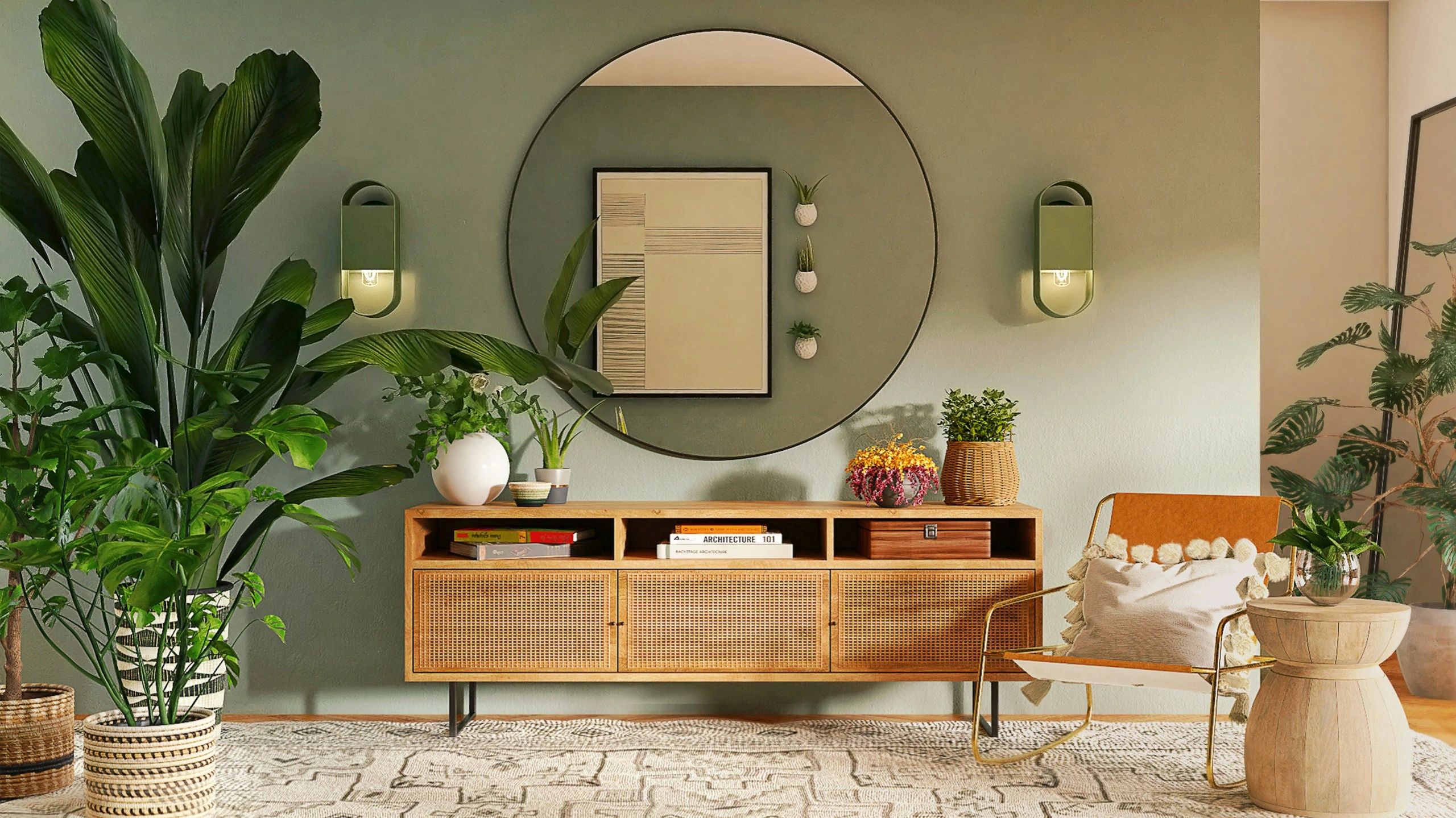 Living room with ratan sideboard, large green indoor plant and 1960s chair with pom pom edge cushion