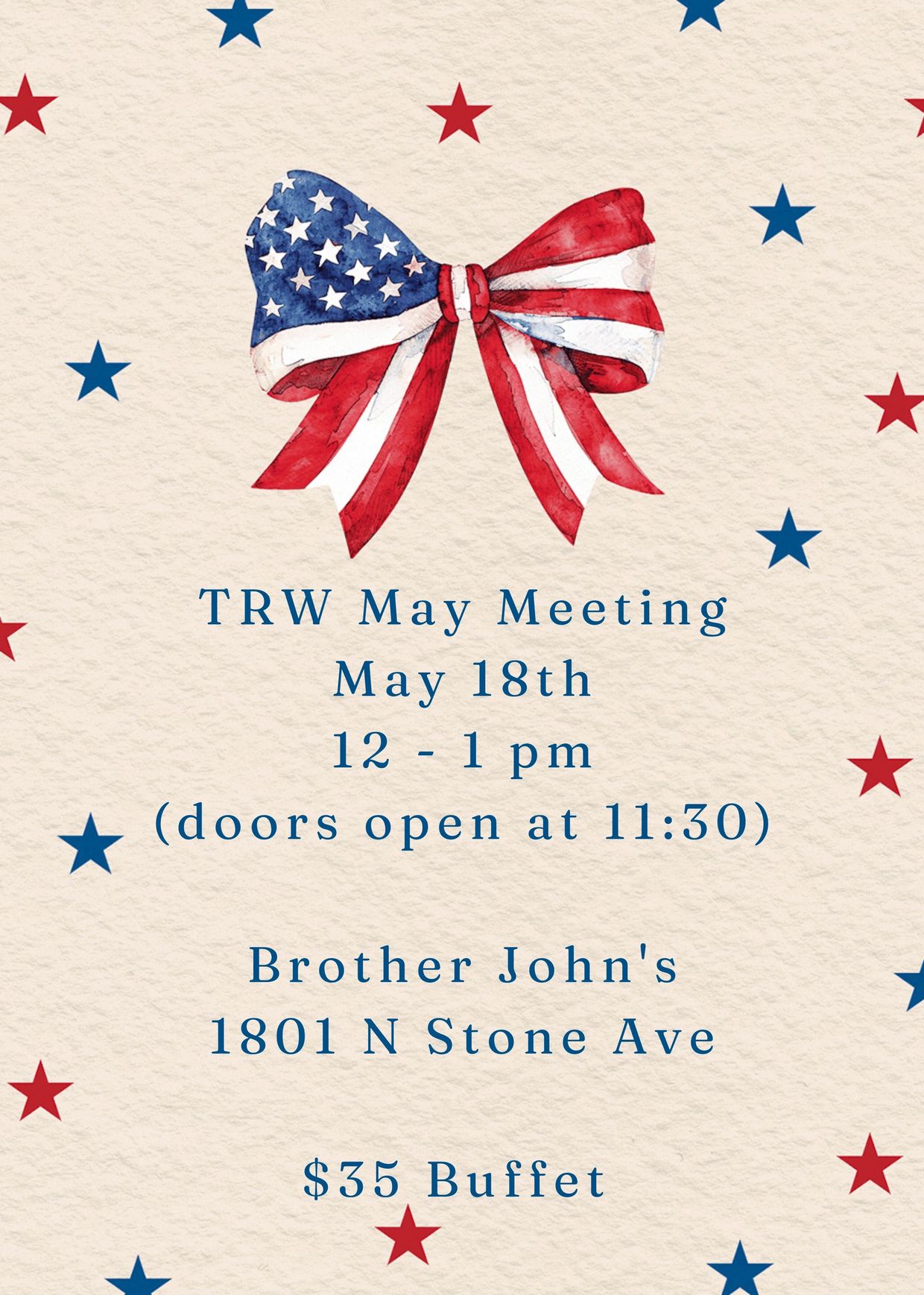 Patriotic bow and stars with May meeting details for TRW event.