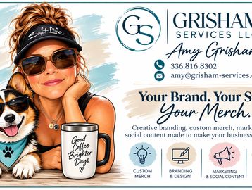 Branding and merch services by Amy Grisham with a dog mascot.