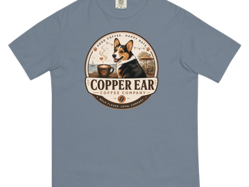 Blue t-shirt with Copper Ear Coffee Company logo featuring a dog and coffee cup.