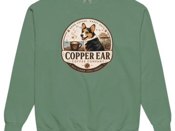 Green sweatshirt with a coffee company logo featuring a dog.