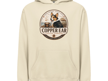 Beige hoodie with a Copper Ear Coffee Company logo featuring a dog.