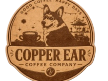 Logo of Copper Ear Coffee Company with a dog and coffee cup.