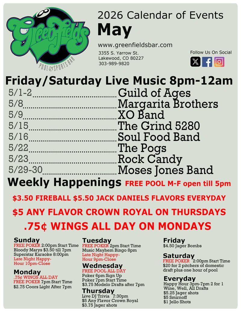 Greenfields May 2026 event calendar with live music and weekly specials.