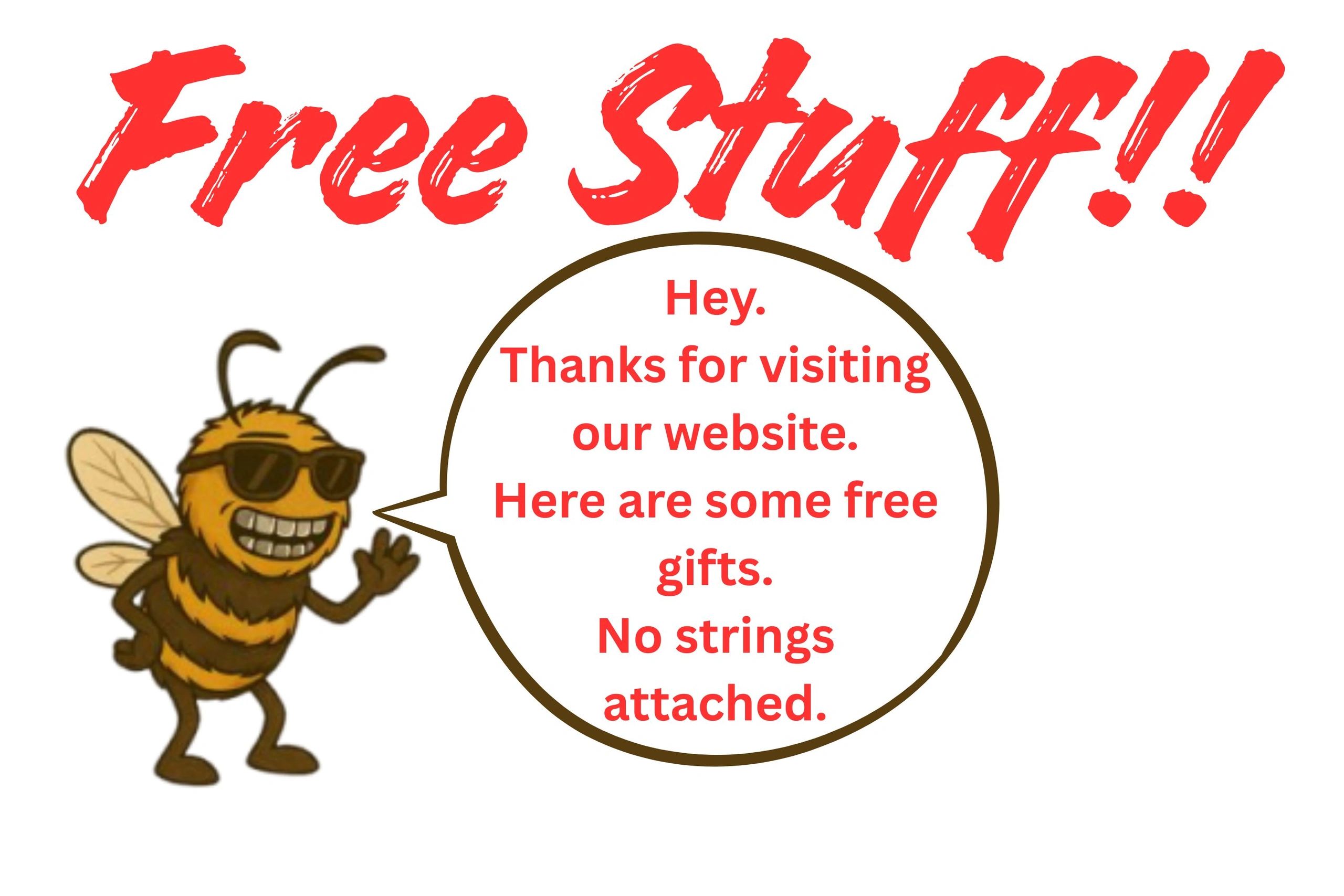 Cartoon bee with sunglasses offers free gifts on website.