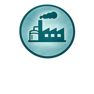 Icon of a factory with smoke coming from its chimney inside a blue circular background.