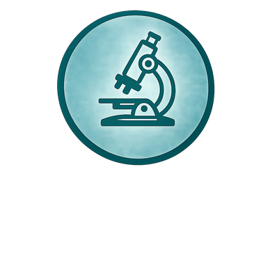 Icon of a microscope inside a blue circular badge.