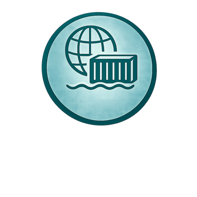 Icon of global shipping with a container and globe.