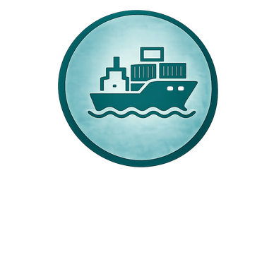 Icon of a cargo ship carrying containers on the sea in a circular blue background.