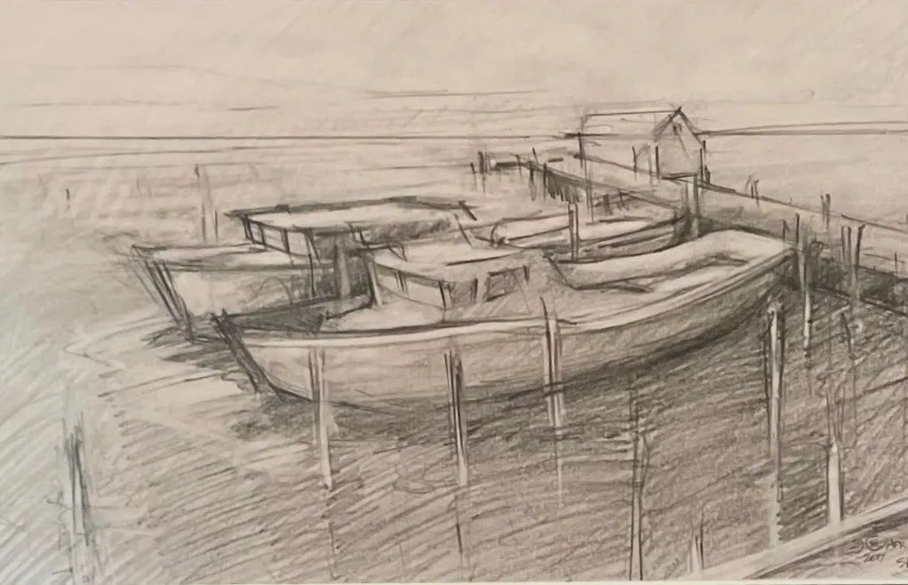Sketch of boats docked near a pier.