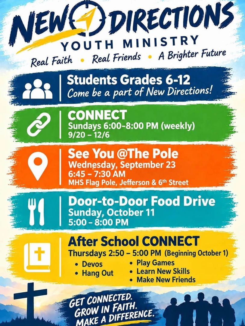 New Directions Youth Ministry events for students grades 6-12.
