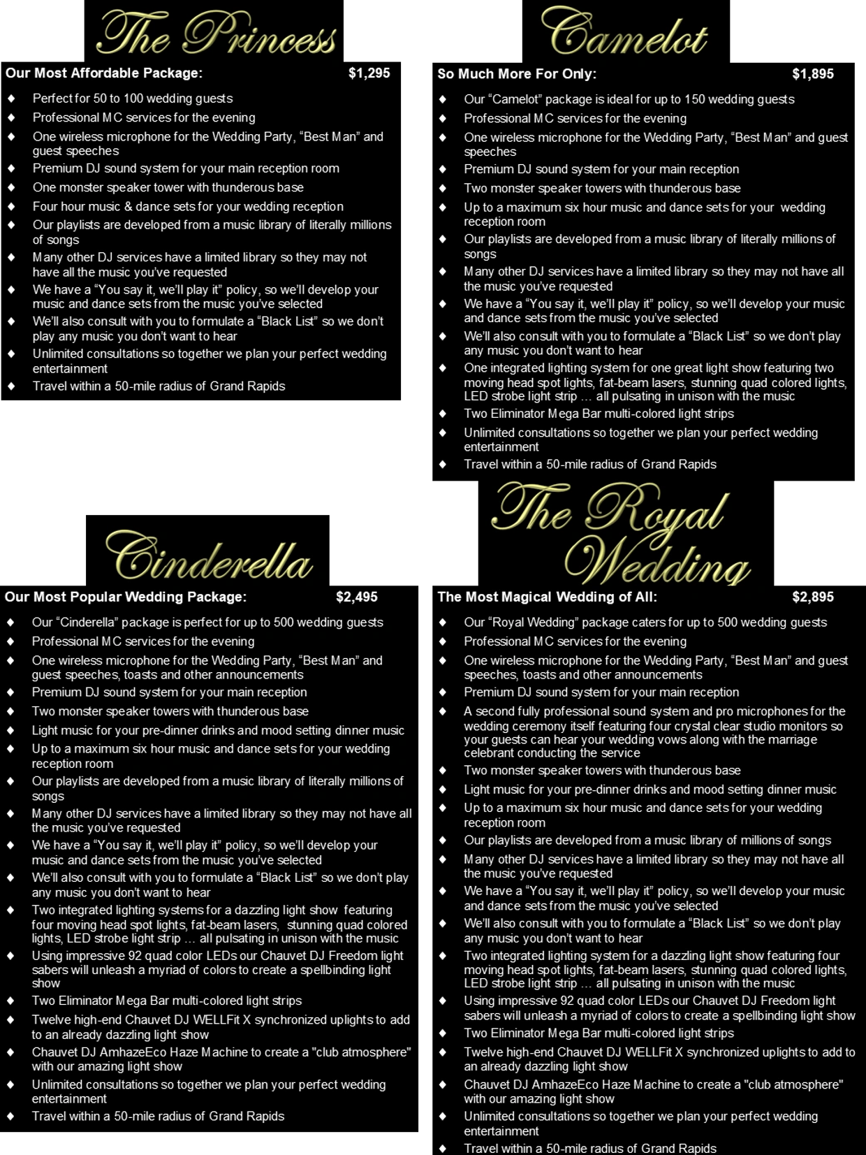 Wedding DJ packages with various features and prices.