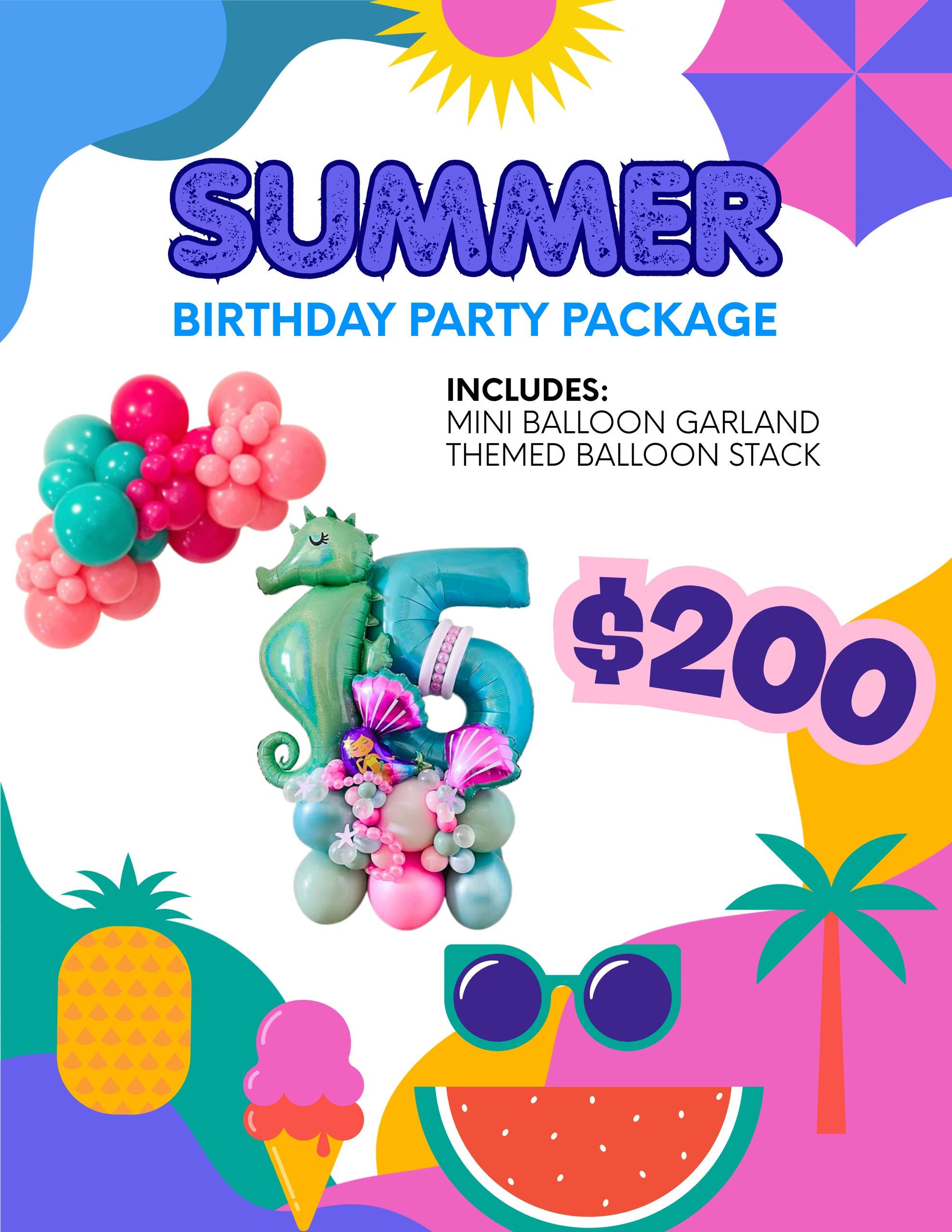 Colorful summer birthday party package with balloons and tropical decorations for $200.