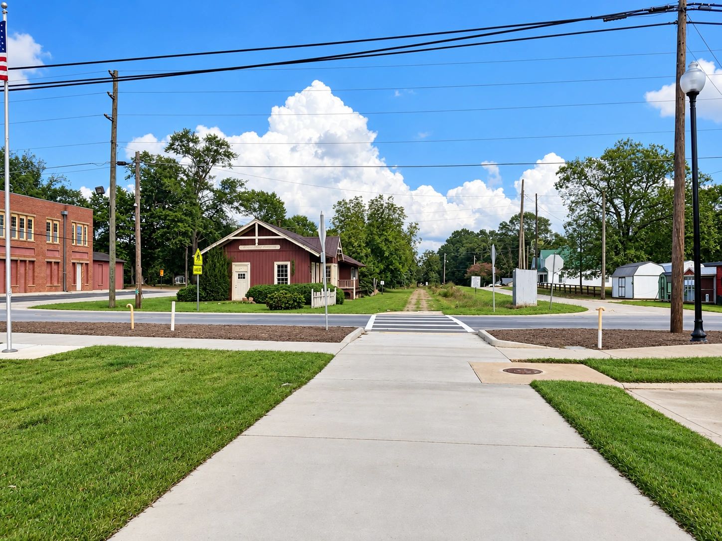 Small town intersection with clear skies and greenery.