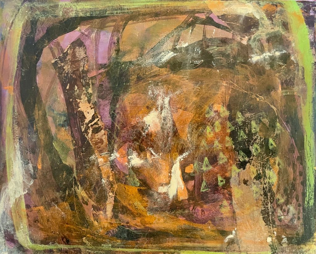 Acrylic and collage on birch panel 20x25cm 2026