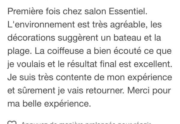 Avis positif sur un salon de coiffure avec une ambiance marine et un excellent résultat.