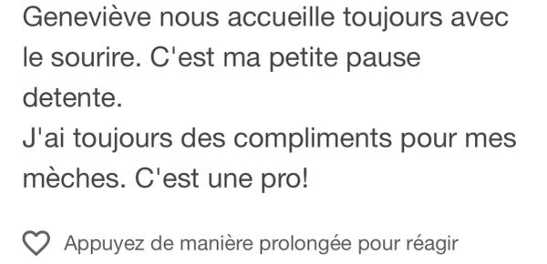 Texte en français exprimant la satisfaction pour Geneviève et ses compétences.