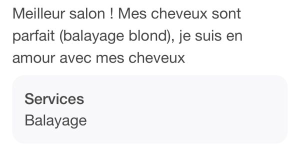 Avis positif sur un salon de coiffure pour un balayage blond parfait.