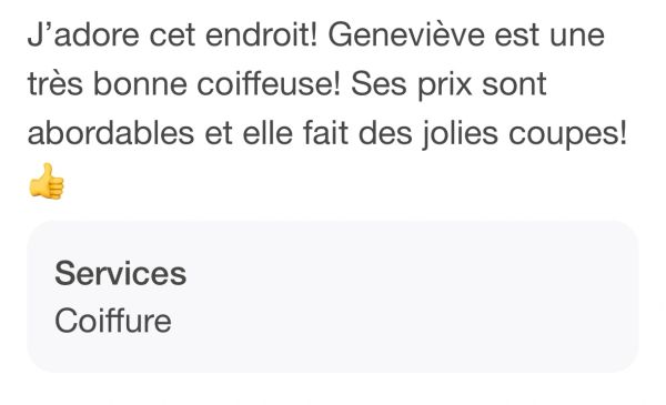 Review praising Geneviève's affordable and beautiful haircuts.