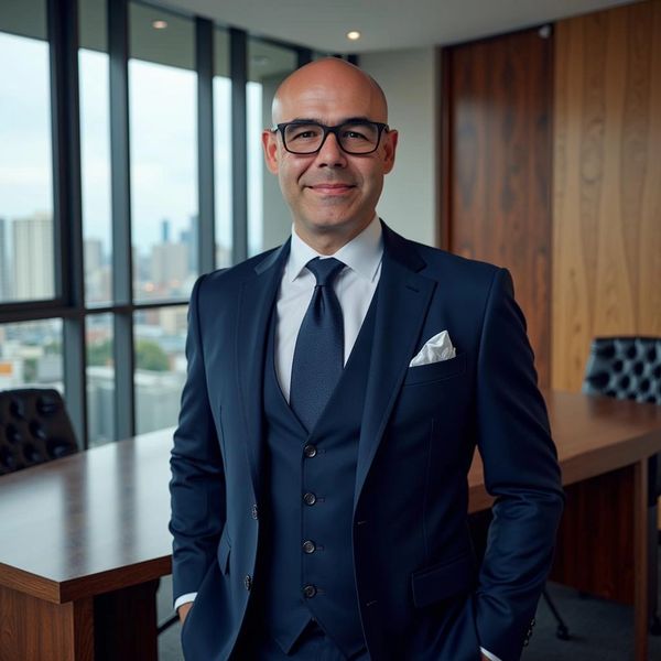 Confident man in a navy suit stands in a modern office with city views.