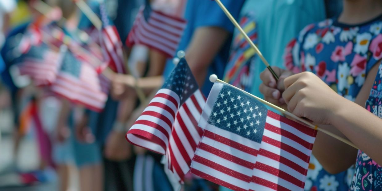 Children holding American flags in a patriotic celebration.