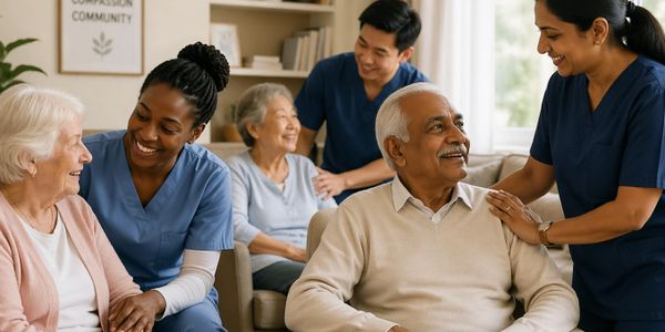 Caregivers warmly interacting with elderly people in a cozy community room.