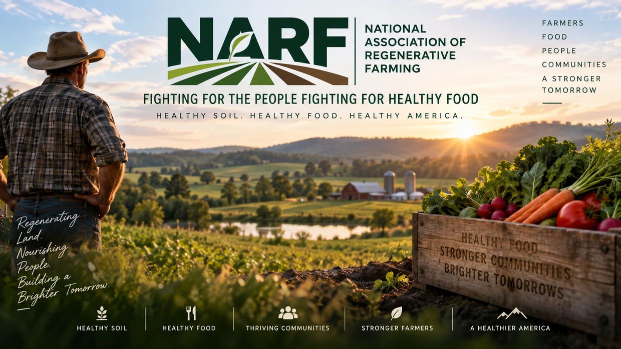 Farmer overlooking a scenic farm landscape with fresh vegetables in a crate and NARF logo.