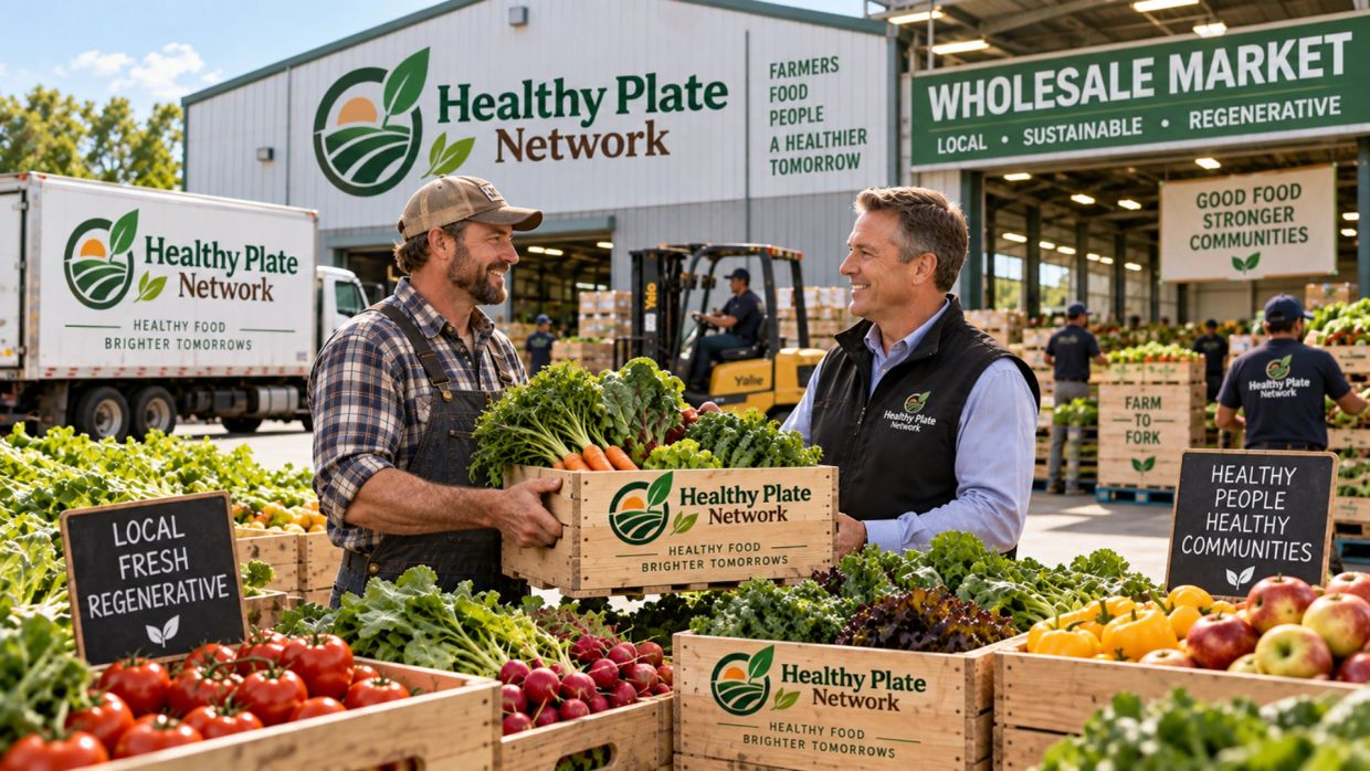 Two men exchanging a crate of fresh vegetables at a Healthy Plate Network market.