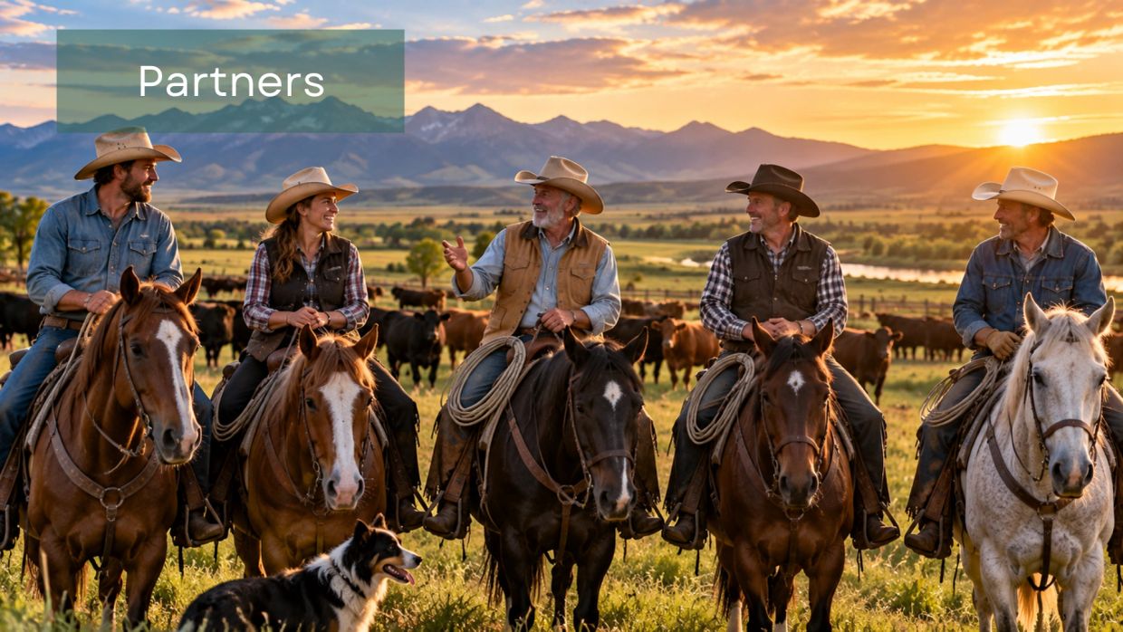 Cowboys on horseback with a dog at sunset.