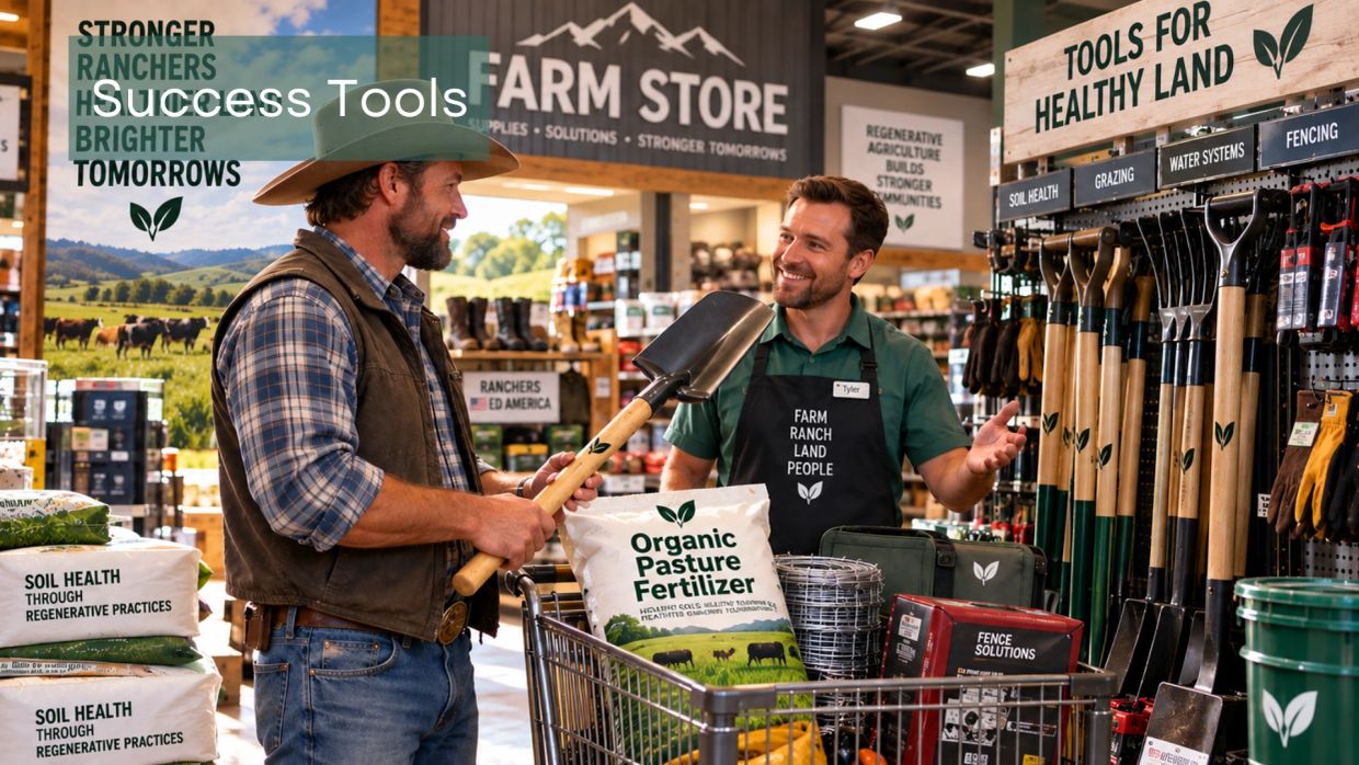 Customer buying farming tools and supplies at a farm store.