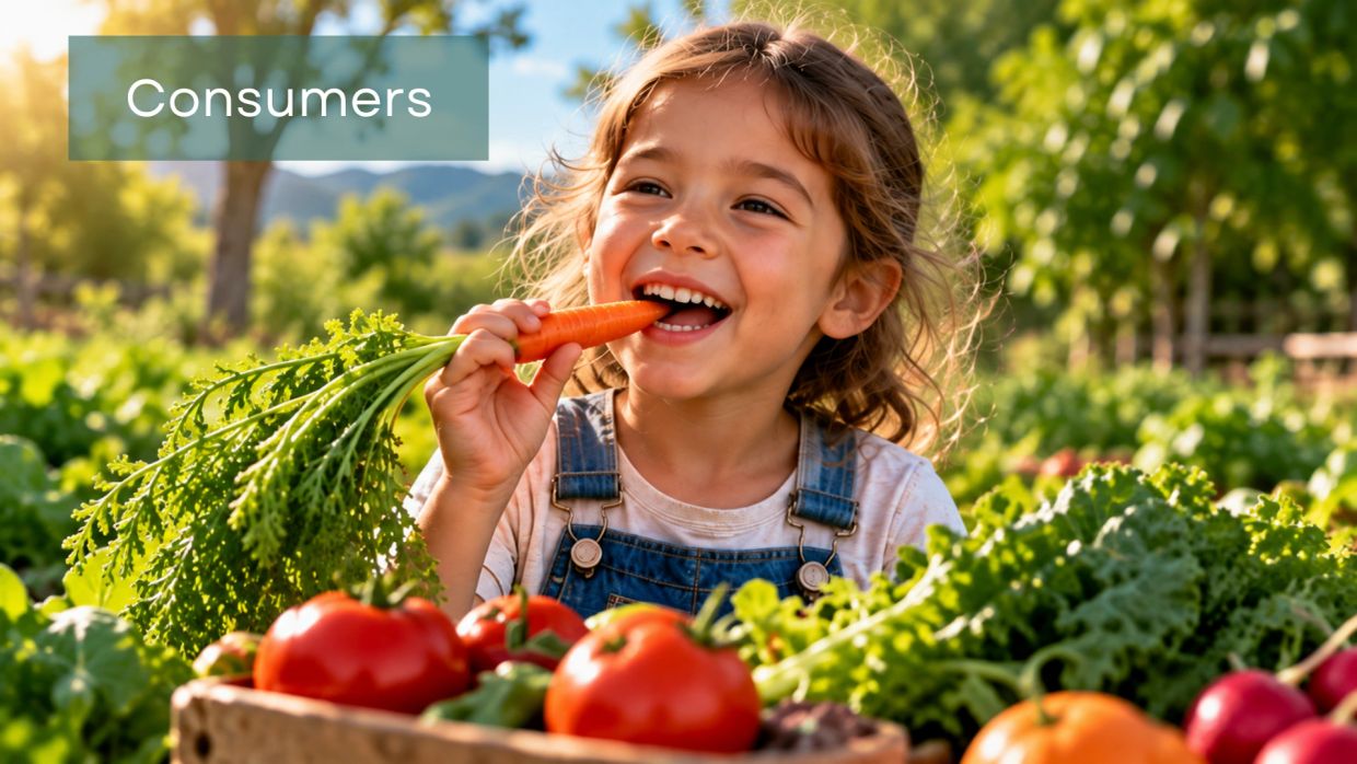 Child joyfully eating a carrot among fresh vegetables.