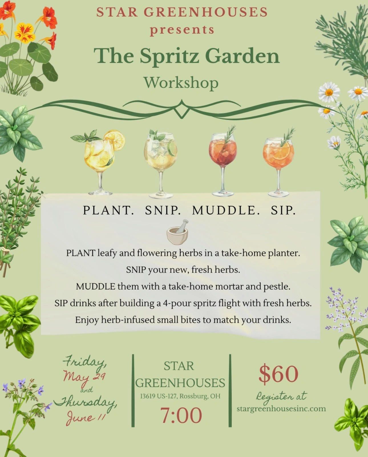 Workshop at Star Greenhouses on planting and enjoying herb-infused spritz drinks.