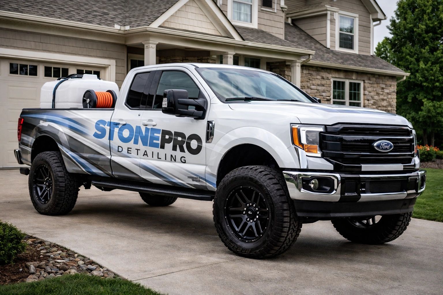 White Ford truck with StonePro Detailing branding and equipment on driveway.