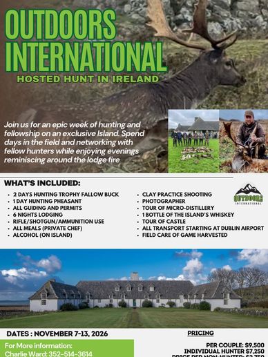 Flyer for an exclusive hunting week in Ireland with trophy hunts and luxury lodging.