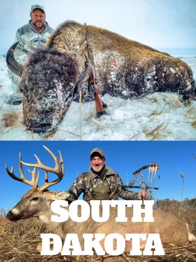 Two hunters with their big game trophies in South Dakota.