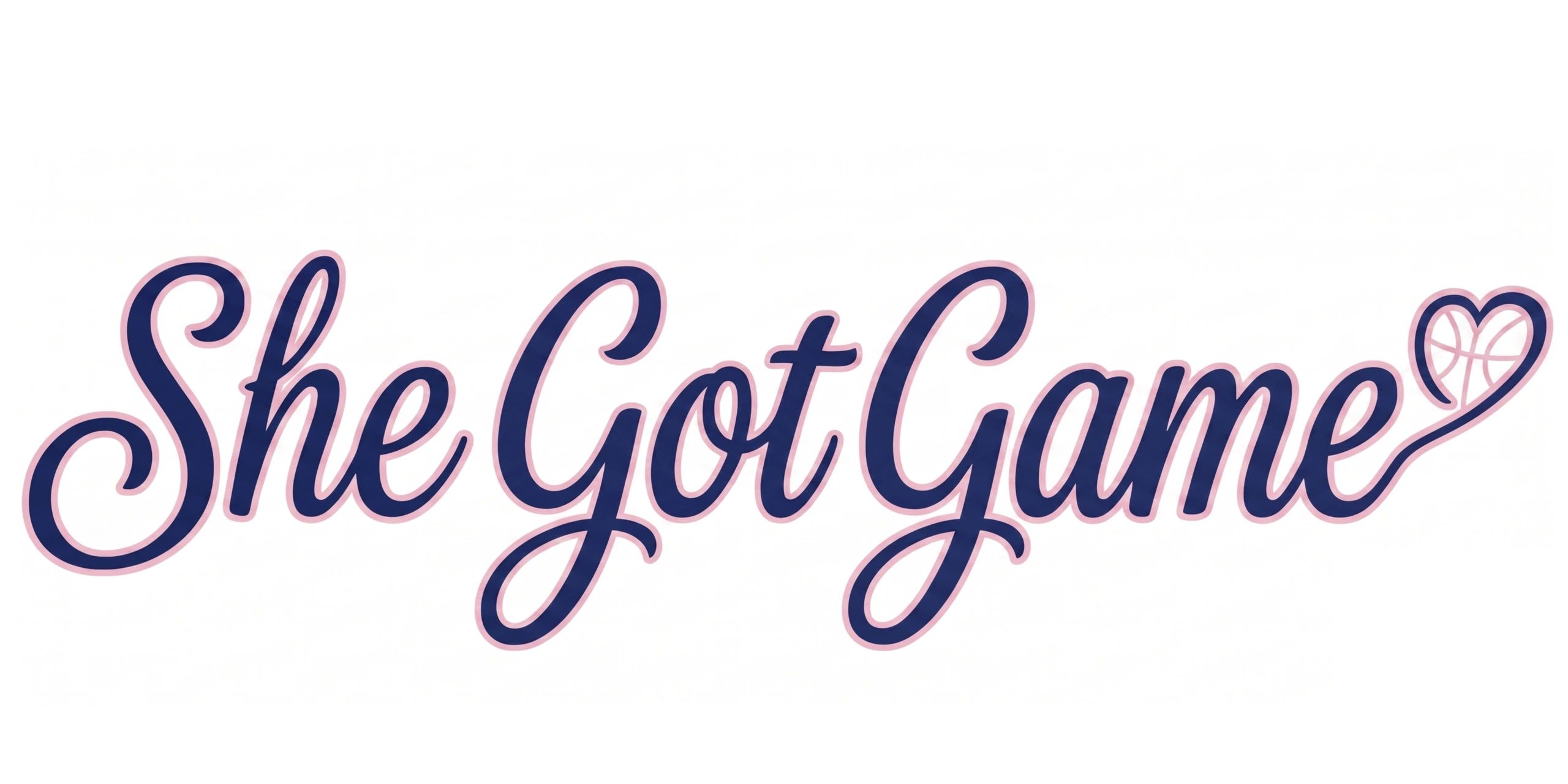 Stylish script text reading 'She Got Game' with a heart-shaped basketball design.