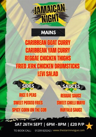 Jamaican Night menu with mains, sides, and sauces.