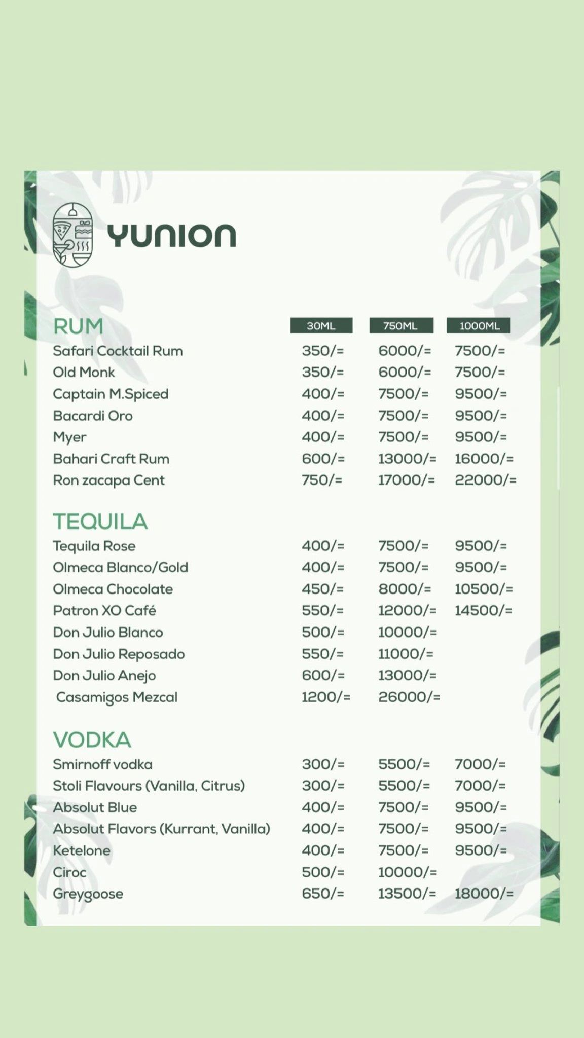 Yunion: Run, Tequila and Vodka Menu