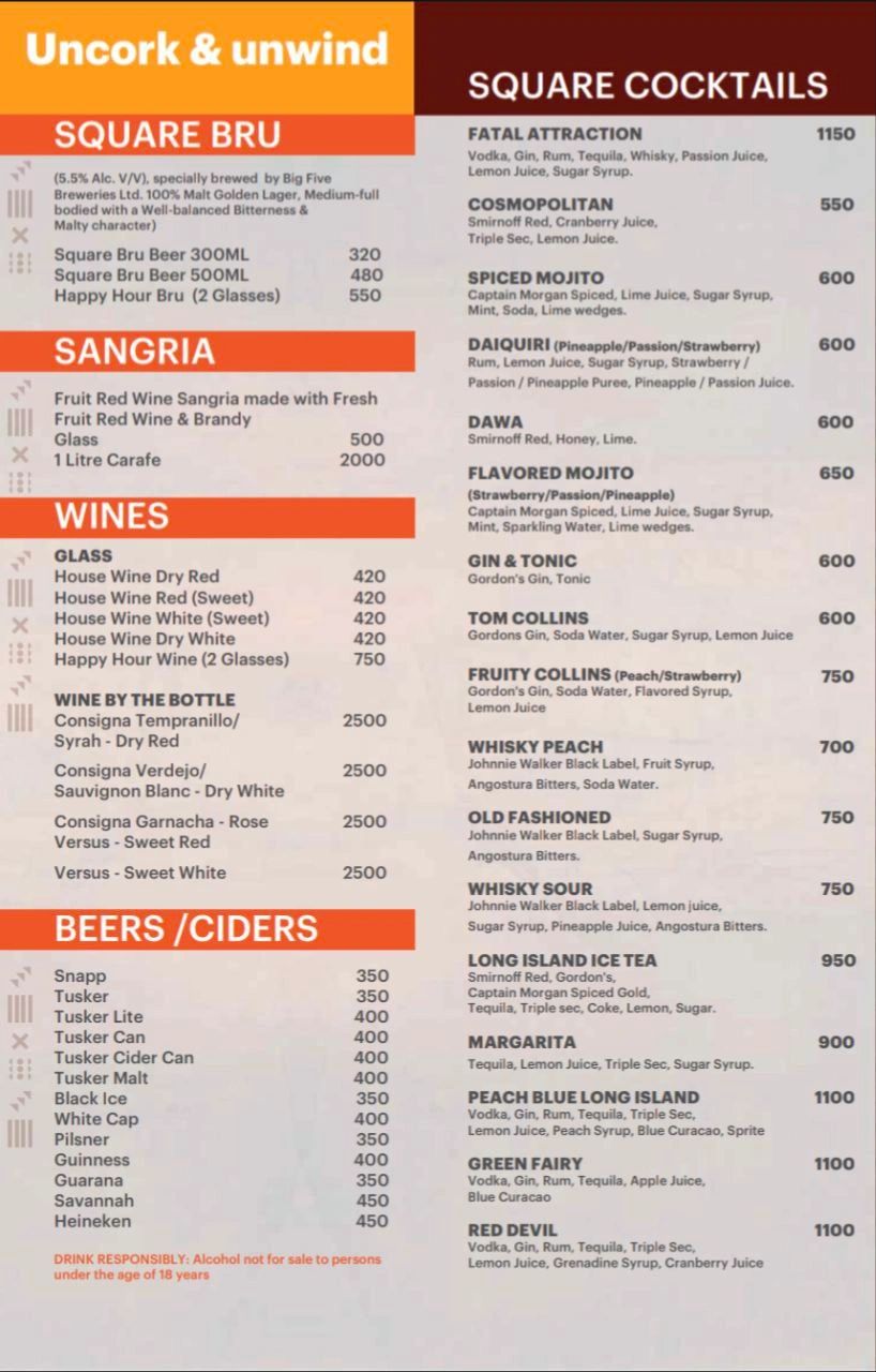 Big Square Cocktails,Beer & Wine Menu