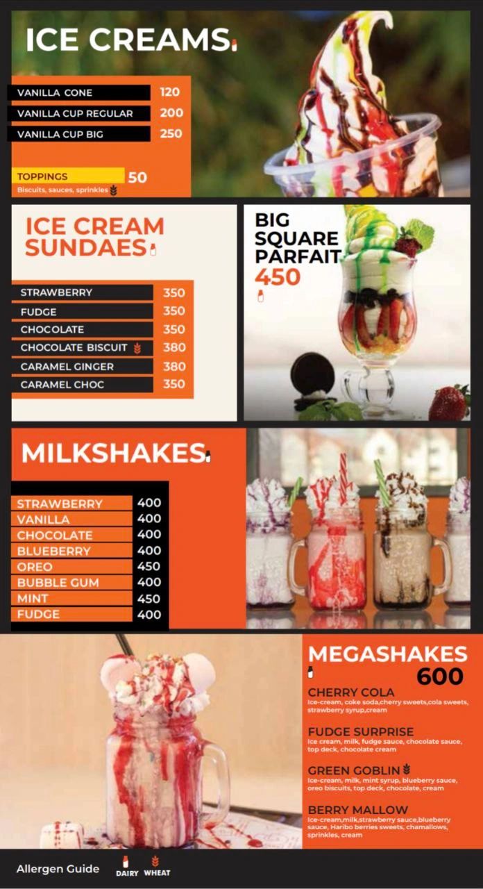Big Square Milkshakes, Ice Creams & Sundaes
