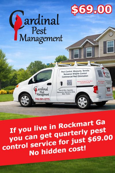 Cardinal Pest Management offers quarterly pest control in Rockmart, GA for $69 with no hidden costs.