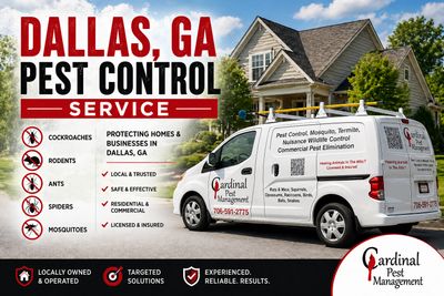 Advertisement for Dallas, GA pest control service with a branded van and house background.