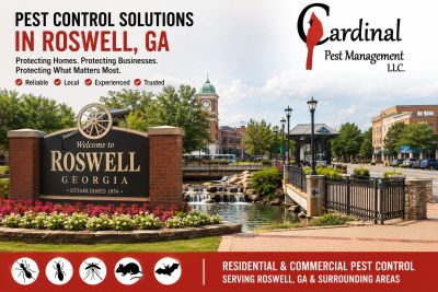 Advertisement for Cardinal Pest Management in Roswell, GA, offering residential and commercial pest control.