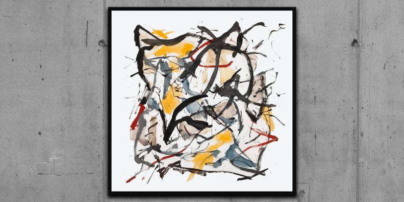 Abstract painting with black, yellow, red, and gray strokes.