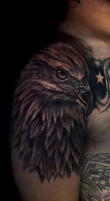 Detailed eagle tattoo on upper arm.
